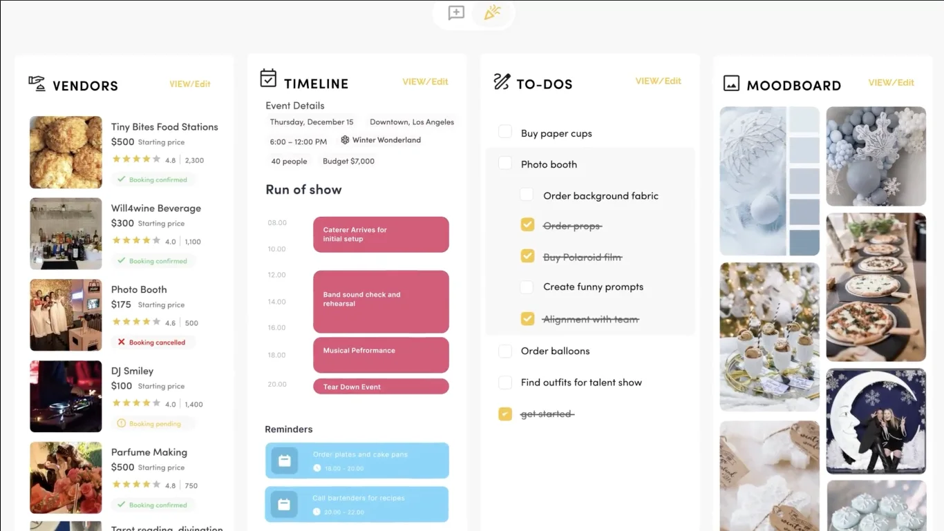 Eventors planning dashboard showing vendors, timeline, to-dos and moodboard